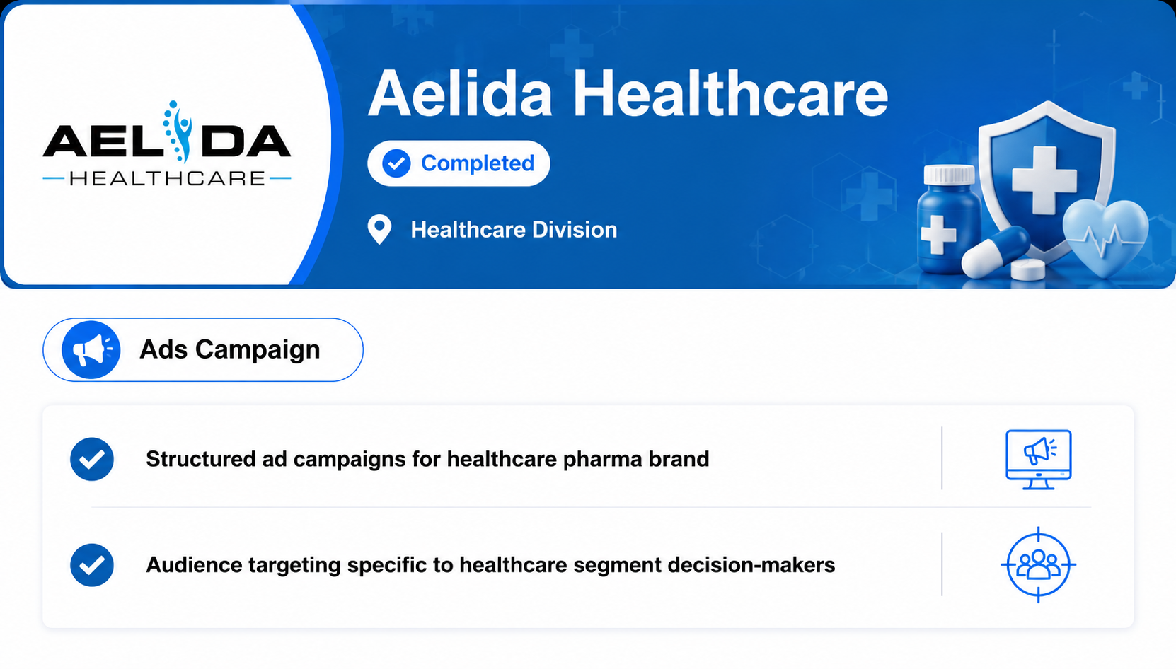 aelida pcd slide Aelida Healthcare — Targeted Digital Advertising Campaigns for a Healthcare Brand. We planned and managed structured advertising campaigns focused on increasing brand visibility, reaching relevant healthcare decision-makers, and generating qualified engagement. The project included audience targeting, campaign optimization, creative strategy, and performance-focused execution to strengthen the brand’s digital presence and support long-term marketing objectives.